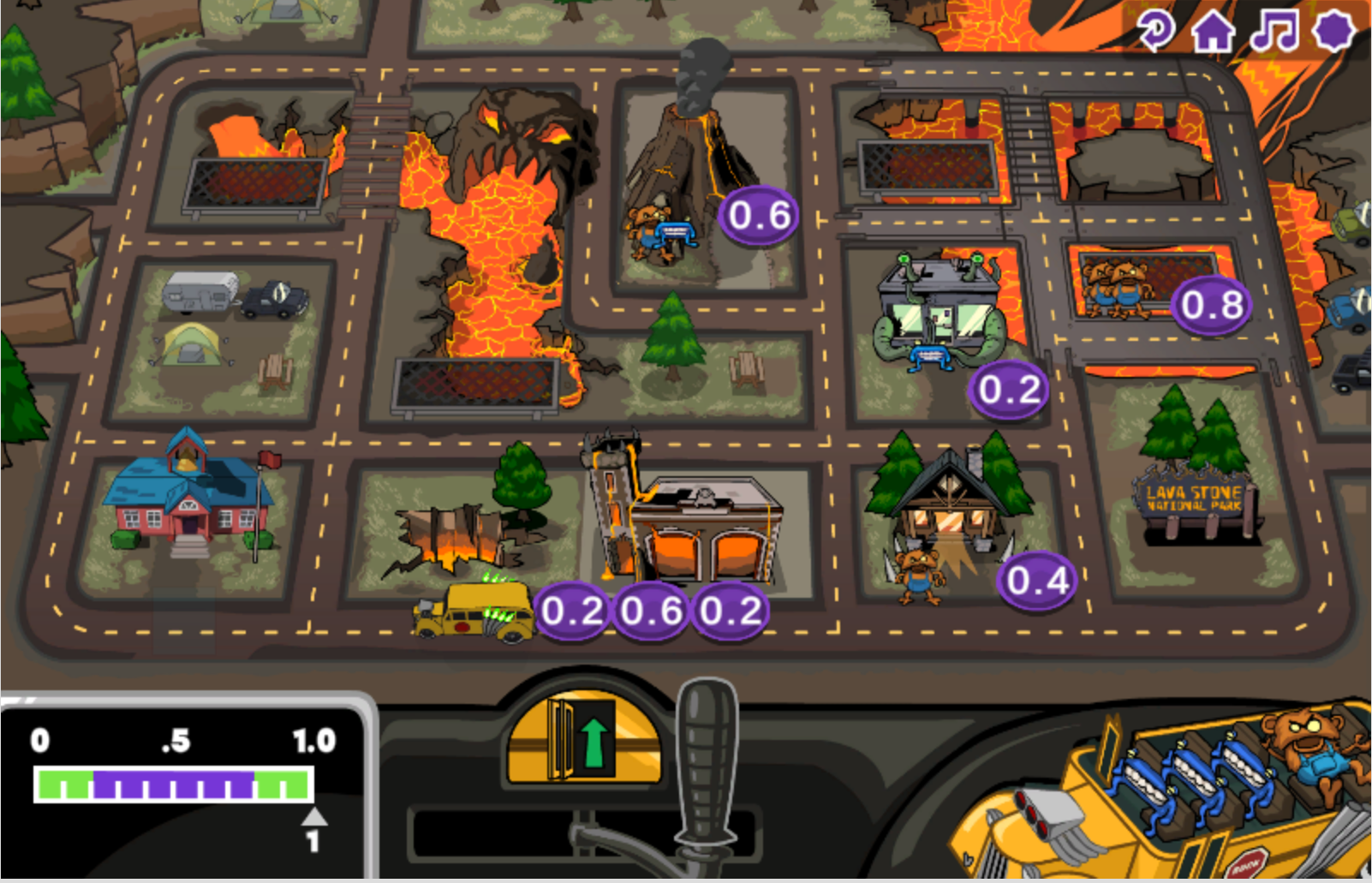 Monster School Bus screenshot of the map of the town with the buildings transformed to the Rocked-Out version.